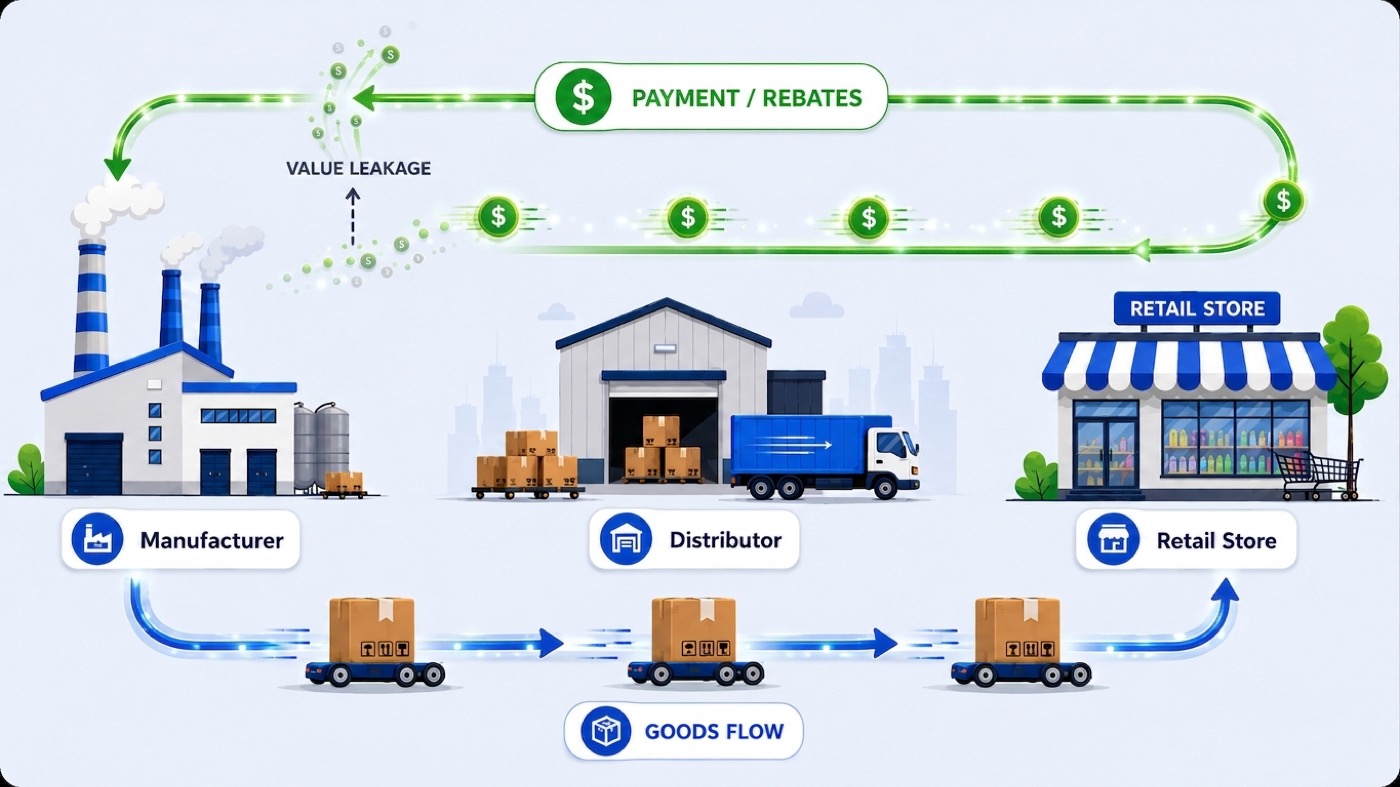 The channel cycle: goods flow left to right from a manufacturer through a distributor to a retail store, while payments and rebates flow back right to left — with value leaking away between the two.